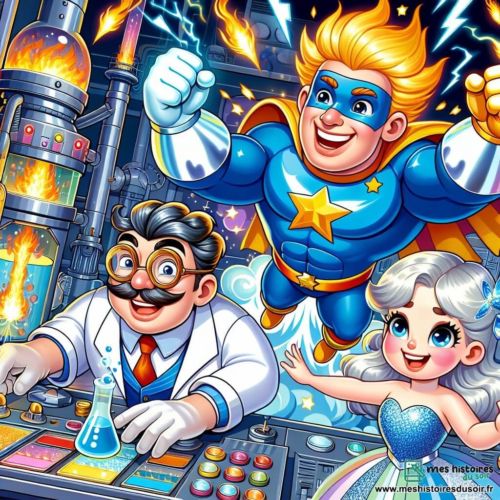 Une illustration sous forme de dessin destinée aux enfants représentant un laboratoire futuriste en pleine effervescence, avec des machines colorées et des flammes dans le fond, où un homme musclé aux cheveux blonds brillants, vêtu d'un costume bleu et rouge avec une étoile dorée sur la poitrine, vole dans les airs en essayant d'arrêter un scientifique un peu fou, un homme à la moustache excentrique et aux lunettes rondes, qui rit en actionnant des boutons sur une machine menaçante, tandis qu'une jeune fille aux cheveux argentés, vêtue d'une robe scintillante, lève les bras pour invoquer une grande vague d'eau pour éteindre les flammes, créant une scène dynamique et pleine de courage.