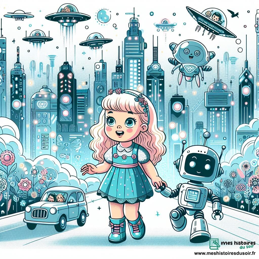 Une illustration destinée aux enfants représentant une petite fille émerveillée qui se retrouve accidentellement dans le futur, accompagnée d'un adorable robot, dans un paysage futuriste rempli de voitures volantes et de robots marchant dans les rues.