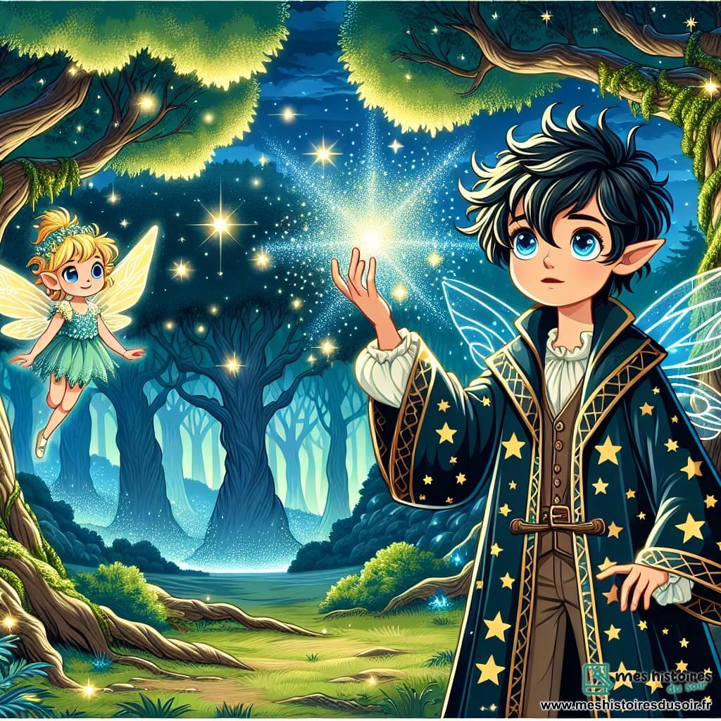Une illustration sous forme de dessin destinée aux enfants représentant une clairière enchantée au cœur de la Forêt d’Émeraude, où un jeune homme aux cheveux noirs en désordre et aux yeux bleus brillants, vêtu d'une robe de mage ornée de motifs étoilés, lève un éclat magique scintillant vers le ciel, tandis qu'une petite pixie aux ailes scintillantes et aux cheveux dorés, flottant près de lui, observe avec émerveillement, et des arbres majestueux aux feuillages lumineux entourent la scène, créant une atmosphère de magie et d'aventure.