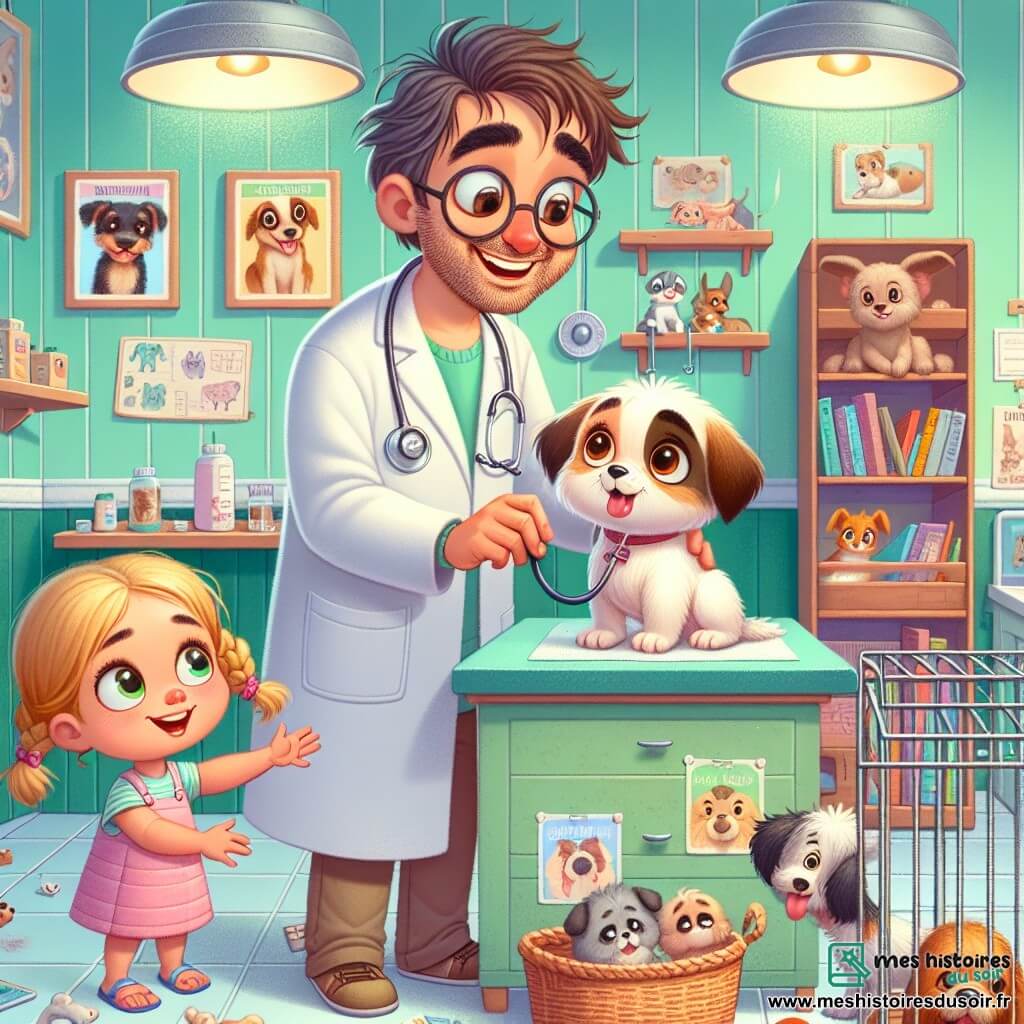 Illustration destinée aux enfants représentant un cabinet vétérinaire chaleureux, avec des murs peints en vert pastel, des étagères remplies de livres sur les animaux et des cages accueillantes contenant des animaux de compagnie. Au centre, un homme jovial aux cheveux bruns en désordre, portant une blouse blanche trop grande, examine un petit chien aux yeux tristes, assis sur une table d'examen. À ses côtés, une fille aux cheveux blonds en tresses, curieuse et attentive, observe avec émerveillement, tandis qu'un garçon aux lunettes épaisses, les yeux brillants d'excitation, tient un stéthoscope. L'atmosphère est remplie de douceur et d'amour pour les animaux, avec des jouets éparpillés sur le sol et des posters d'animaux accrochés aux murs, créant un cadre accueillant et éducatif.