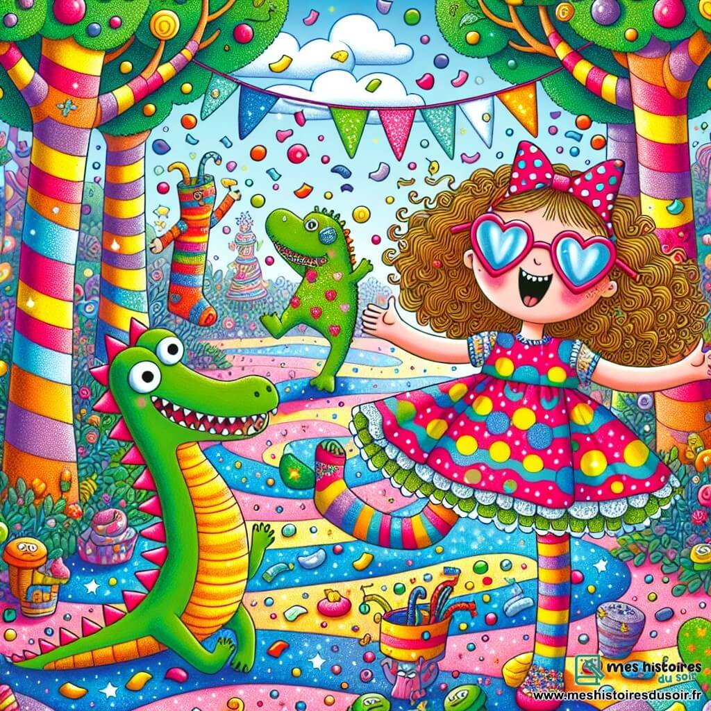 Illustration d'une scène colorée et ludique dans le pays des Chaussettes Enchantées. Le décor est un jardin féerique avec des arbres en bonbons, des fleurs éclatantes et des rivières chantantes. Au centre, une fille de 11 ans, cheveux bouclés et lunettes en cœur, porte une robe à pois multicolores ornée d'autocollants de licornes. Elle danse joyeusement, entourée de chaussettes colorées, certaines avec des chapeaux de fête. Une chaussette crocodile, avec des dents en feutrine, se tient en avant, riant et dansant. La scène montre la fille à la fête, avec des confettis flottant et des chaussettes s'amusant, créant une atmosphère joyeuse et magique.