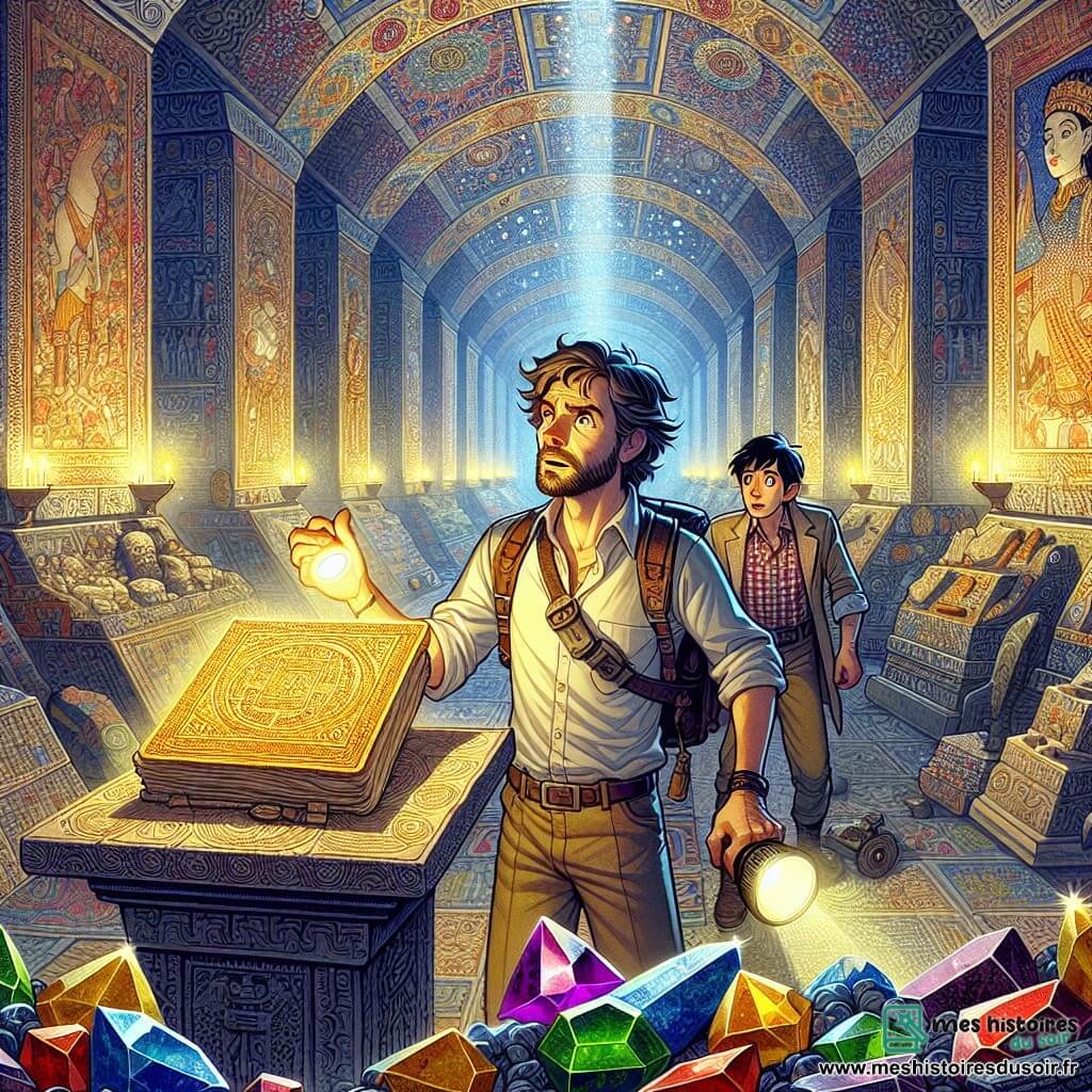 Illustration d'une immense salle souterraine ornée de fresques colorées et de pierres précieuses scintillantes. Les murs, couverts de motifs anciens, racontent des histoires de dieux et de rois. Un piédestal central porte un manuscrit ancien illuminé par la lumière des lampes. Au premier plan, un homme d'une trentaine d'années, cheveux bruns en désordre et barbe légère, avec un sac à dos usé et une lampe de poche, s'approche du manuscrit avec émerveillement et détermination. À ses côtés, un jeune homme d'environ vingt ans, cheveux noirs et yeux vifs, observe les fresques, vêtu d'une chemise à carreaux et d'un pantalon en toile, fasciné par les découvertes. Les deux explorateurs découvrent la citadelle cachée, émerveillés par la beauté et l'histoire qui les entourent, tandis que des éclats de lumière sur les pierres précieuses créent une atmosphère magique et mystérieuse, avec des ombres dansant sur les murs, ajoutant une touche d'aventure à cette scène captivante.