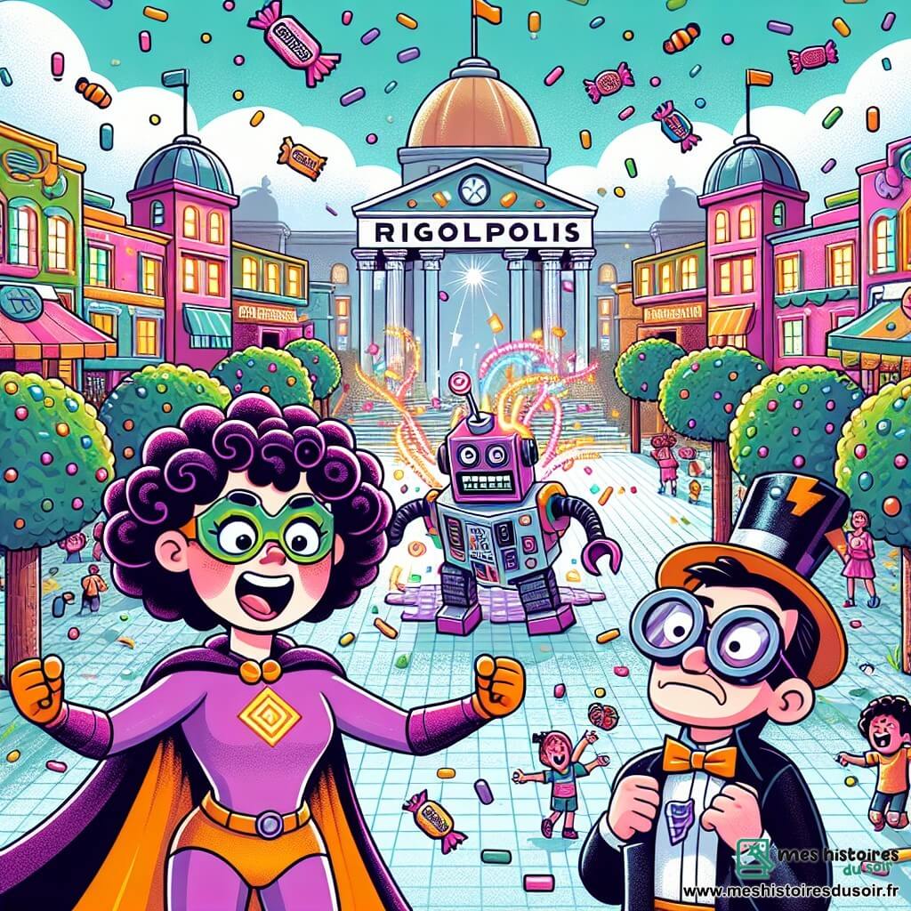 Une illustration sous forme de dessin destinée aux enfants représentant une place centrale colorée de Rigolopolis, avec des arbres en forme de bonbons et des confettis flottant dans l'air, où une super-héroïne comique, une femme aux cheveux bouclés et à la cape violette éclatante, tire une grimace hilarante pour faire rire les enfants autour d'elle, tandis qu'un homme maladroit, le Docteur Bric-à-Brac, avec des lunettes trop grandes et un chapeau tombant sur les yeux, tente de réparer son robot dansant qui projette des bonbons, créant une scène joyeuse et pleine de rires.
