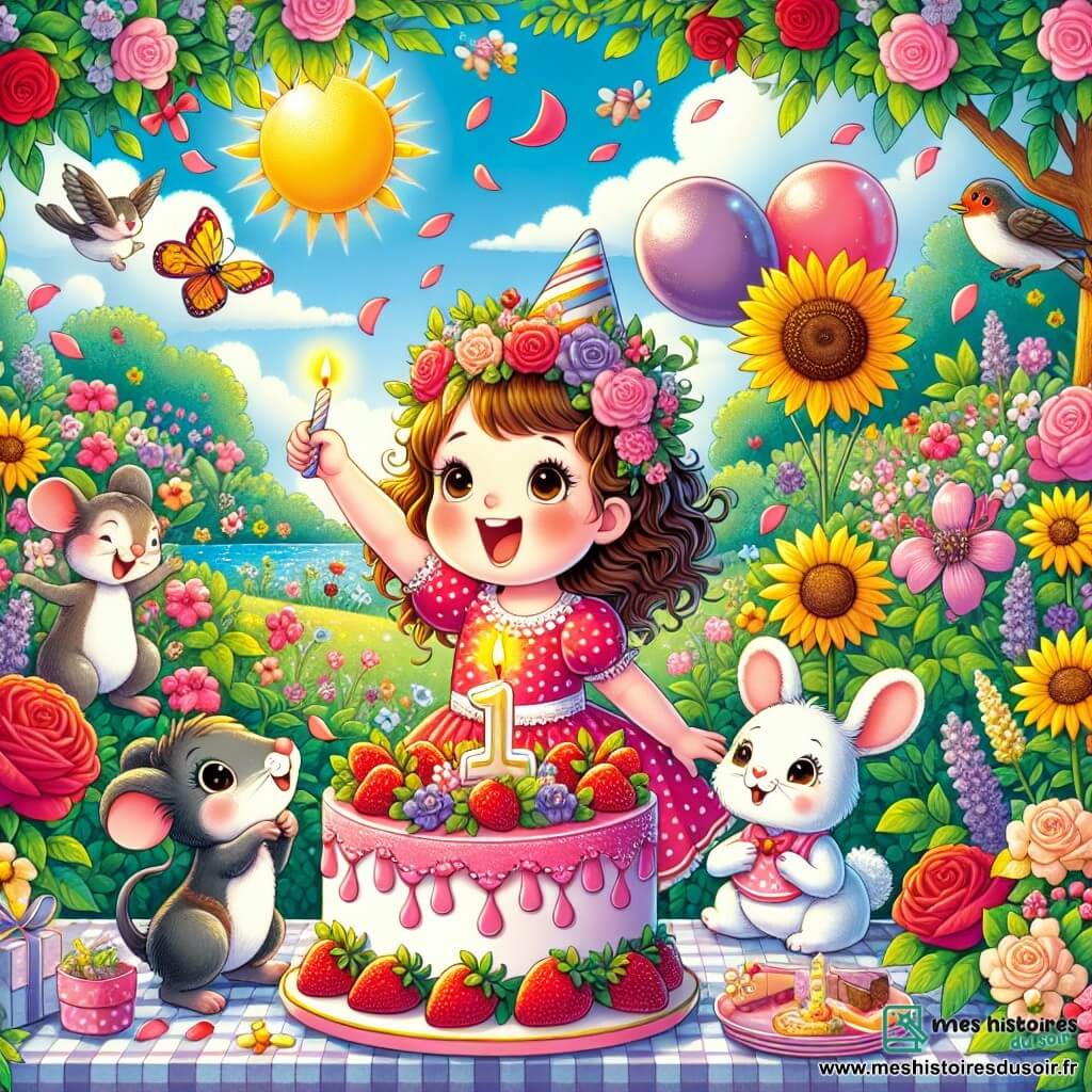 Illustration d'un jardin enchanté rempli de fleurs colorées, avec des roses rouges, des tournesols jaunes et des violettes. Au centre, une petite fille d'un an, avec des cheveux bouclés châtains et un sourire éclatant, porte une robe rose à pois blancs et danse joyeusement, les bras levés vers le ciel, entourée de pétales de fleurs. À ses côtés, un petit lapin blanc avec un chapeau de fête et une petite souris grise tenant une bougie allumée. La scène montre la petite fille soufflant sur sa bougie d'anniversaire, avec un grand gâteau aux fraises décoré d'une bougie, sur une nappe à carreaux. Des oiseaux chantent et le soleil brille dans un ciel bleu clair, créant une ambiance festive et magique pour cette célébration.