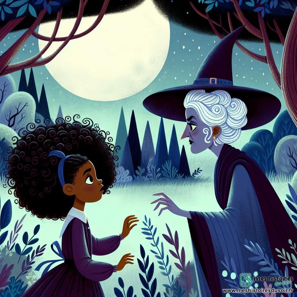 Une illustration destinée aux enfants représentant une jeune sorcière aux boucles d'ébène, confrontée à une sorcière maléfique, dans une forêt enchantée d'Avaloria où les arbres dansent au clair de lune.