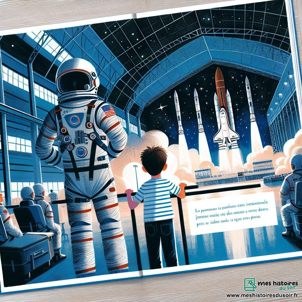 Une illustration destinée aux enfants représentant un jeune garçon passionné par les étoiles qui réalise son rêve d'astronaute lors d'une mission spatiale vers la Station Spatiale Internationale, accompagné d'un astronaute expérimenté, dans le Centre Spatial de Toulouse, avec des fusées majestueuses prêtes à s'envoler vers l'infini.