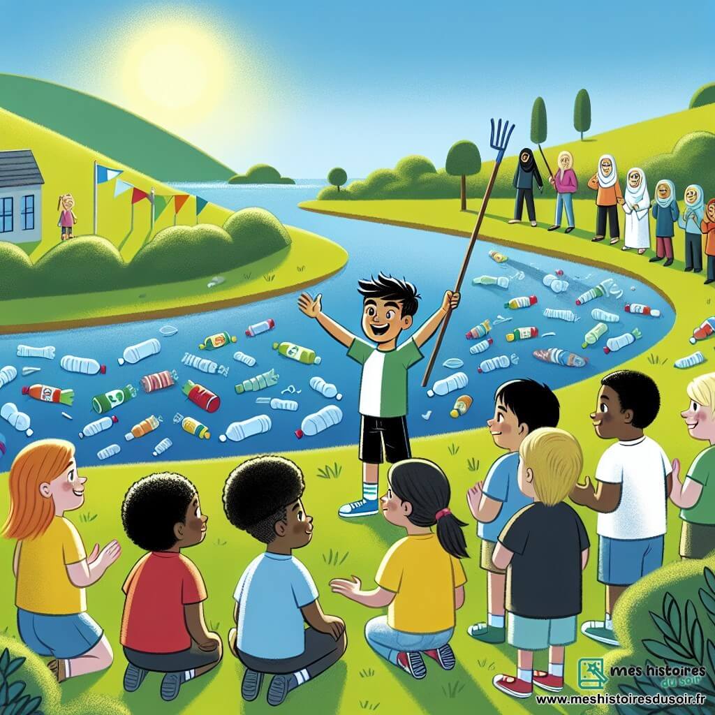 Une illustration destinée aux enfants représentant un garçon plein d'enthousiasme organisant une journée de nettoyage écologique avec ses voisins, dans un parc ensoleillé bordé d'un lac couvert de déchets plastiques.