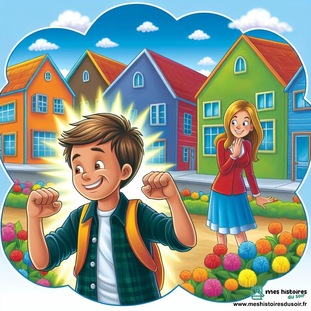 Une illustration destinée aux enfants représentant un jeune garçon plein d'énergie, faisant face à des moqueries à cause de sa différence, accompagné d'une nouvelle amie, dans un quartier coloré et animé où les maisons sont bordées de fleurs multicolores.