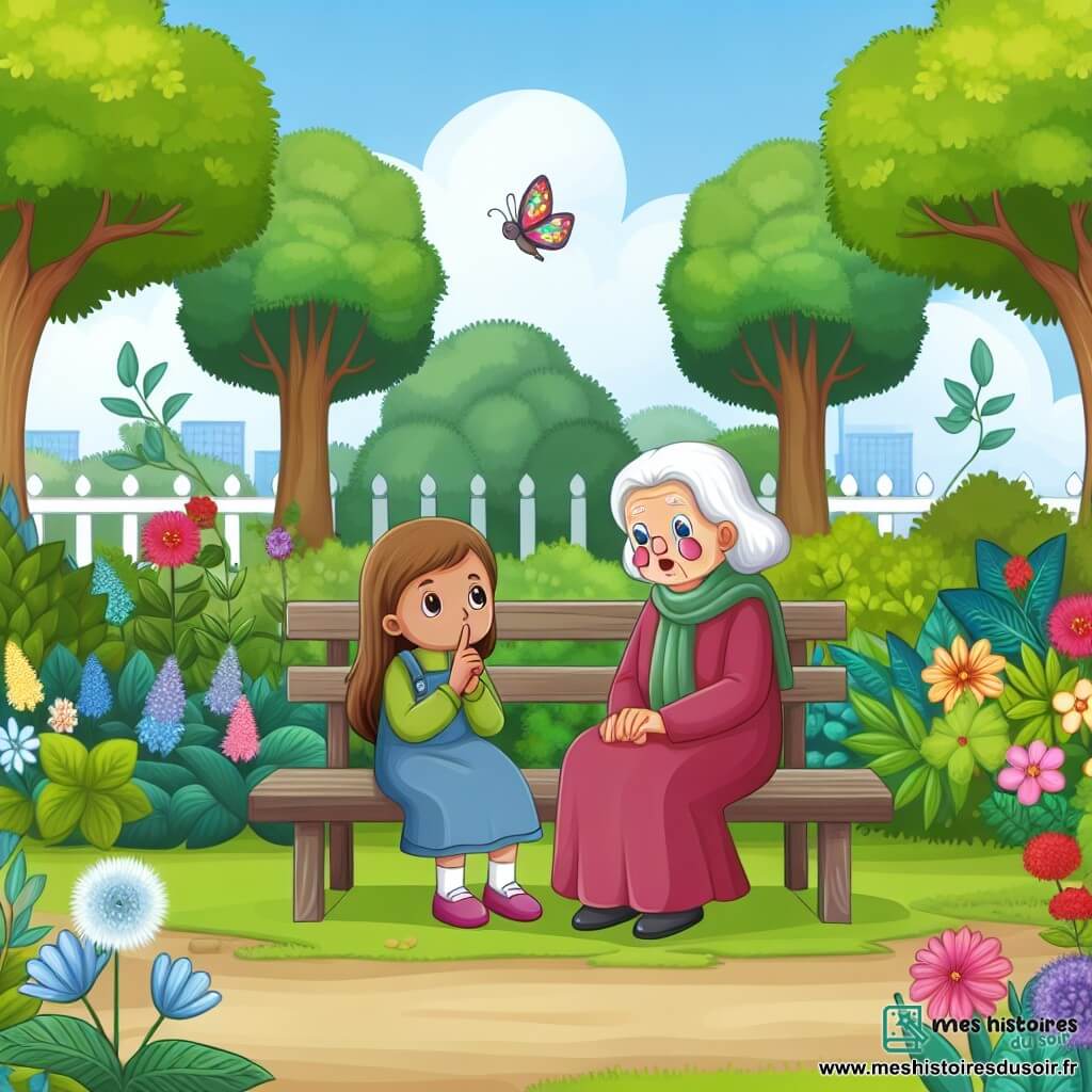 Une illustration destinée aux enfants représentant une fillette confrontée à un lourd secret, une vieille dame sage assise sur un banc dans un parc verdoyant aux arbres majestueux et aux fleurs colorées.