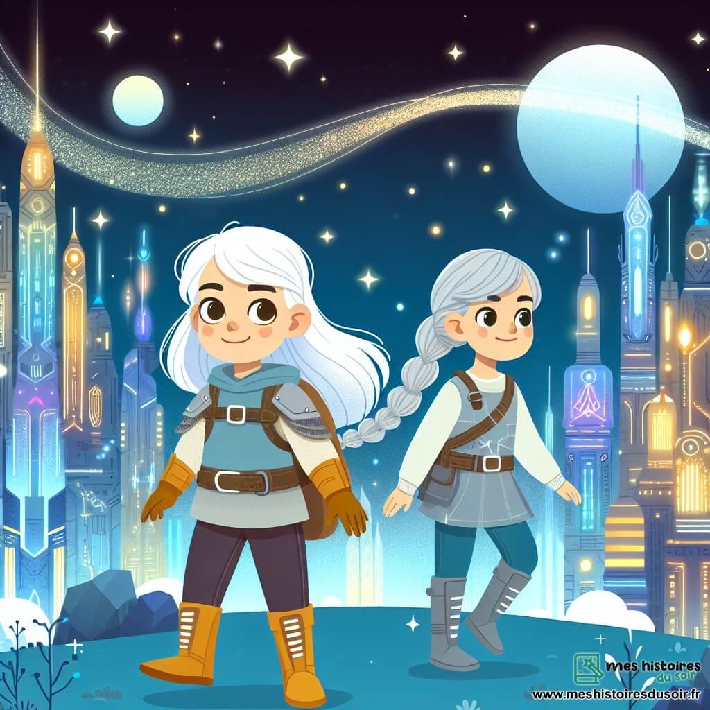 Une illustration destinée aux enfants représentant une fillette courageuse explorant une cité futuriste pleine de lumières, accompagnée d'une autre fillette aux cheveux argentés, dans la ville d'Auroria aux tours scintillantes et aux hologrammes dansants.