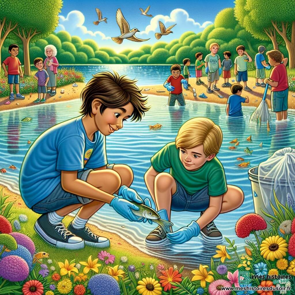 Illustration d'un lac scintillant sous le soleil d'été, entouré de fleurs colorées et d'arbres verdoyants. Au premier plan, un garçon de 11 ans aux cheveux bruns, en t-shirt bleu et short en jean, est accroupi au bord de l'eau, tenant un petit poisson avec un sourire émerveillé. À ses côtés, un autre garçon de 11 ans, blond et portant des lunettes de soleil, observe avec curiosité, les bras croisés, affichant un air déterminé. En arrière-plan, des enfants de différents âges, certains avec des gants et des sacs poubelles, ramassent des déchets sur la plage, tandis que d'autres discutent joyeusement, créant une ambiance de camaraderie et d'engagement pour l'environnement. Des oiseaux volent dans le ciel bleu, ajoutant une touche de vie à cette scène pleine d'espoir et de solidarité.
