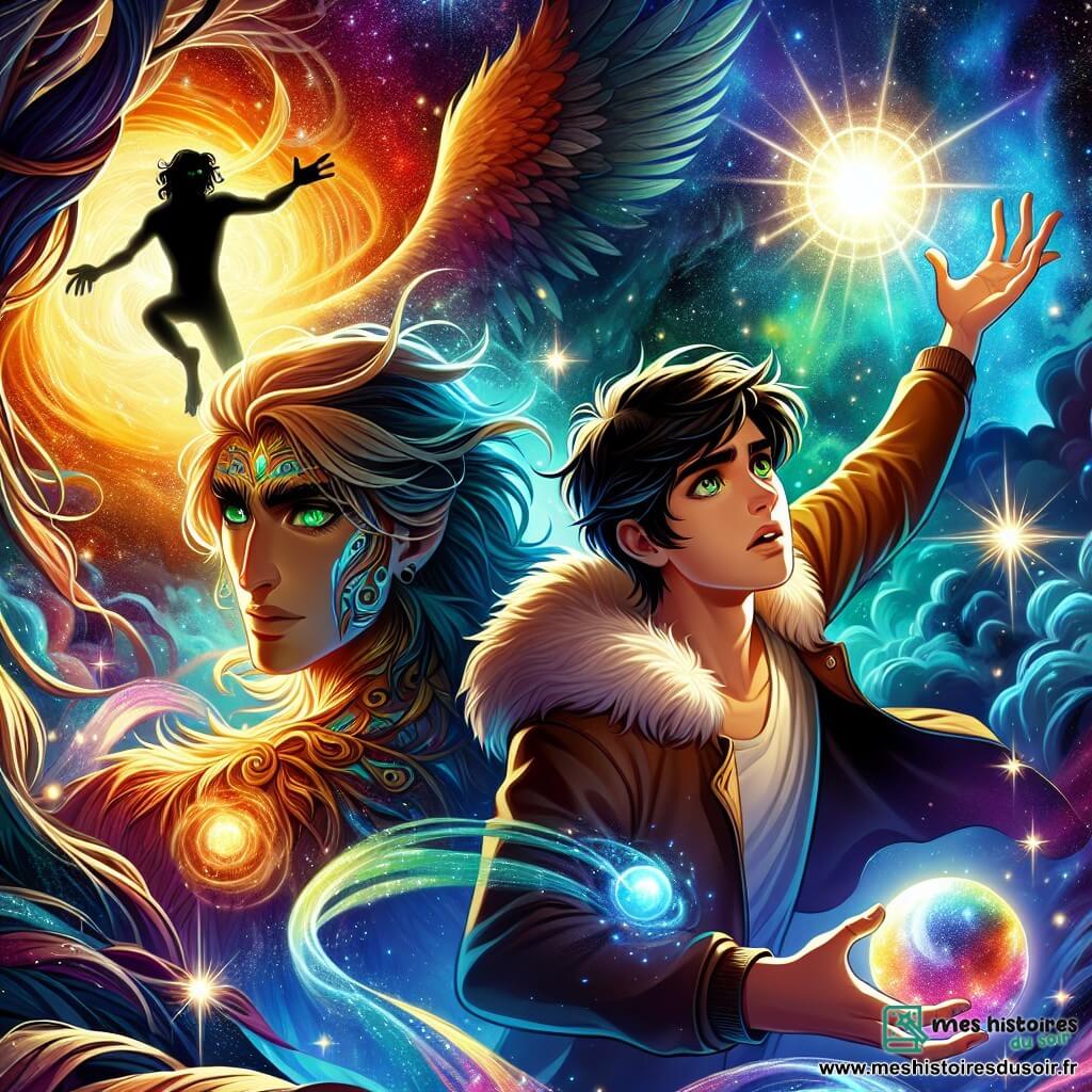 Une illustration sous forme de dessin destinée aux enfants représentant un paysage cosmique vibrant de couleurs, avec des étoiles scintillantes et une nébuleuse chatoyante en arrière-plan, où un jeune homme aux cheveux sombres flottants et aux yeux verts profonds se tient courageusement, brandissant une sphère de lumière, tandis qu'à ses côtés, un grand être aux ailes majestueuses, mi-homme mi-oiseau, l'encourage avec un regard déterminé, alors qu'ils se préparent à affronter une silhouette ténébreuse émergeant des ombres, symbolisant le sorcier maléfique qui a volé le Cristal Cosmos, avec des éclats de lumière et d'ombre se mêlant autour d'eux dans une atmosphère de tension et d'aventure.