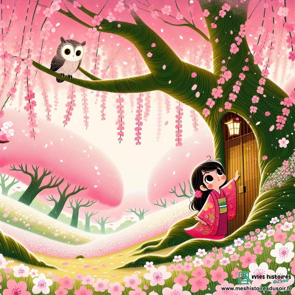 Une illustration sous forme de dessin destinée aux enfants représentant un vaste champ de cerisiers en fleurs, avec des pétales roses tombant doucement comme de la neige, où une jeune fille aux cheveux sombres et aux yeux brillants, vêtue d'un kimono coloré, se tient émerveillée devant une petite porte en bois dissimulée au pied d'un grand cerisier, tandis qu'un vieux hibou aux plumes grises, perché sur une branche, l'observe avec sagesse, symbolisant la curiosité et l'aventure qui l'attendent dans ce monde magique.