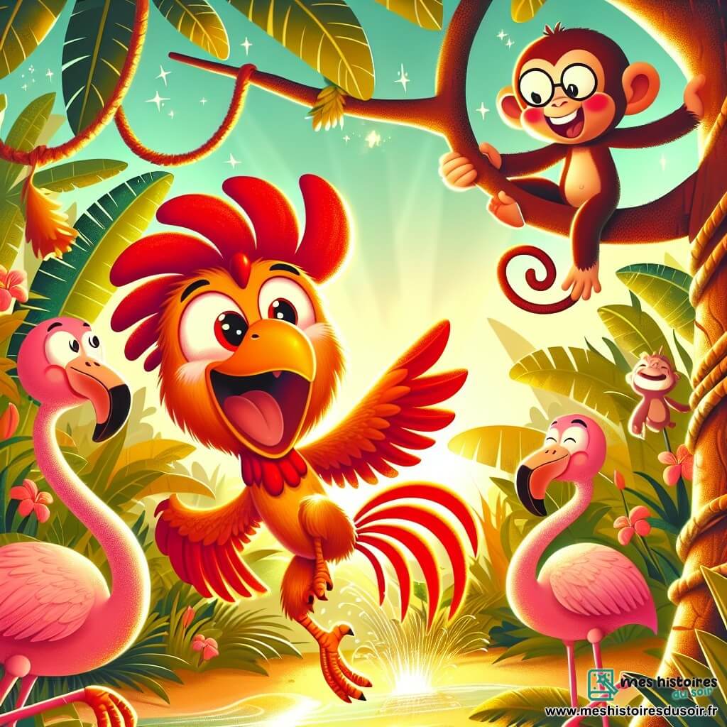 Une illustration sous forme de dessin destinée aux enfants représentant une jungle enchantée aux couleurs vives, avec un coq aux plumes flamboyantes et à la crête rouge, dansant joyeusement au milieu d'un groupe de flamants roses qui l'encouragent avec des sourires et des rires, tandis qu'un singe aux lunettes rondes s'accroche à une branche en riant, le tout baigné par la lumière dorée du soleil filtrant à travers les feuilles, illustrant un moment de joie et d'amitié dans une quête d'aventure et de découvertes.