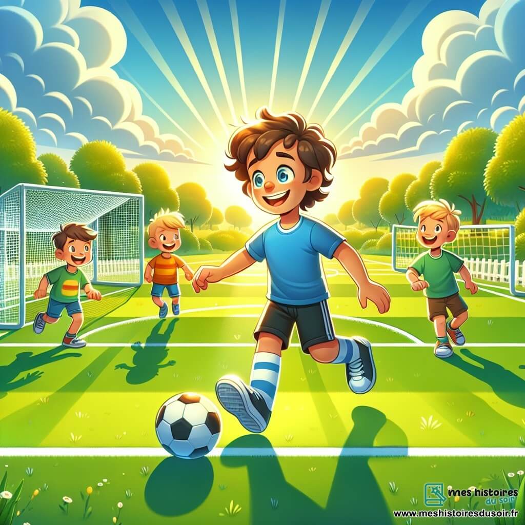 Illustration destinée aux enfants représentant un grand terrain de football verdoyant, baigné par la lumière dorée d'un après-midi ensoleillé, avec des lignes blanches bien tracées et des buts aux filets flottants. Au centre, un homme athlétique aux cheveux bruns et bouclés, vêtu d'un maillot bleu et de shorts noirs, dribble un ballon de football avec un grand sourire, montrant sa passion pour le jeu. À ses côtés, deux garçons, l'un avec des cheveux blonds et l'autre avec des cheveux châtains, tous deux portant des t-shirts colorés, regardent avec admiration et excitation, prêts à rejoindre le jeu. L'atmosphère est joyeuse et dynamique, remplie de rires et d'énergie, avec des nuages blancs flottant dans le ciel bleu.