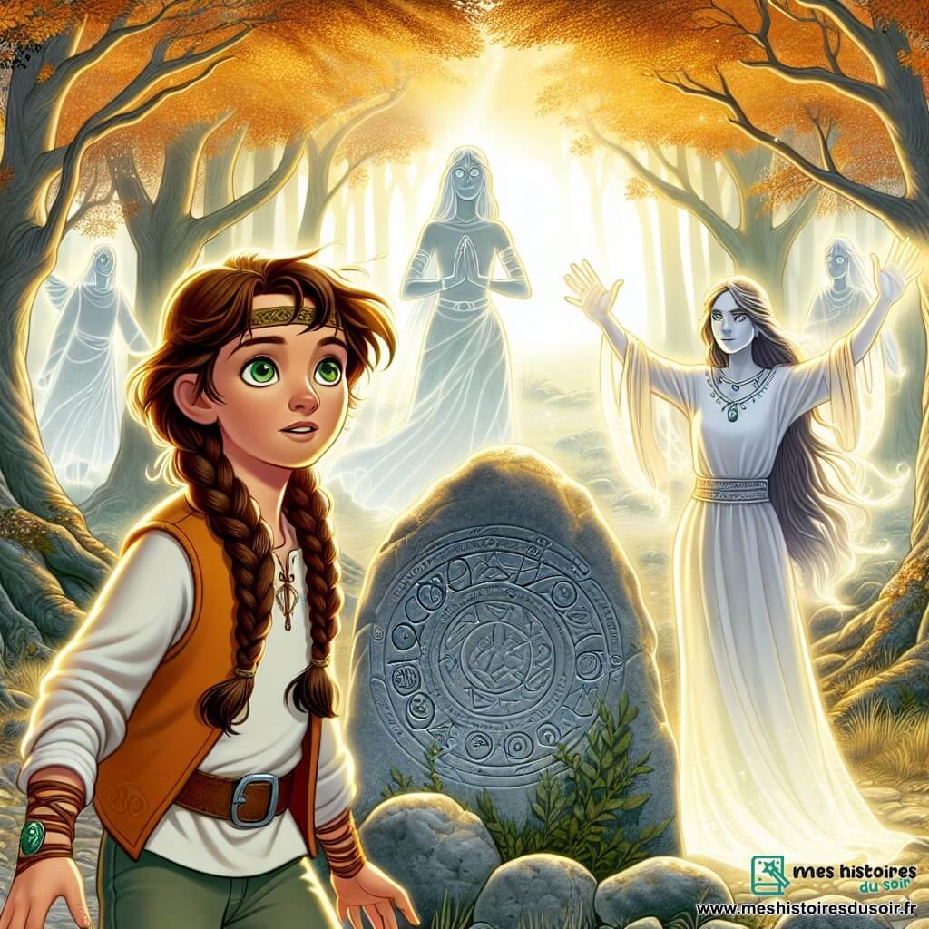 Une illustration sous forme de dessin destinée aux enfants représentant une forêt enchantée de Brocéliande, avec des arbres majestueux aux feuilles dorées et une lumière douce filtrant à travers les branches, où une jeune fille aux cheveux bruns tressés et aux yeux émeraude se tient courageusement devant une pierre ancienne gravée de symboles mystérieux, levant les bras vers le ciel pour invoquer des esprits protecteurs, tandis qu'un homme éthéré en tunique argentée, aux traits fins et aux yeux brillants, l'encourage avec un sourire bienveillant, et des silhouettes translucides d'ancêtres apparaissent autour d'eux, illuminant la scène d'une aura magique et protectrice.