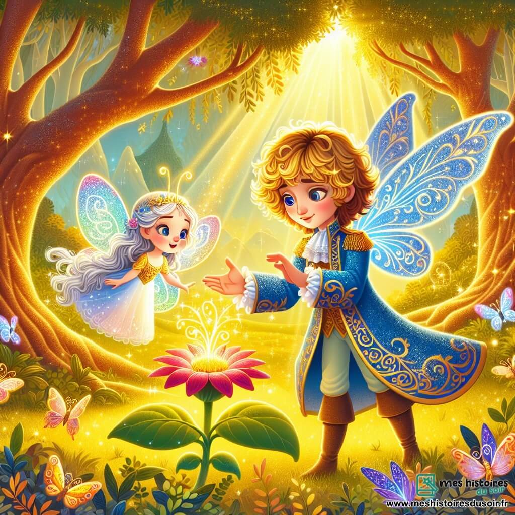 Illustration d'une clairière enchantée, baignée de lumière dorée, entourée d'arbres majestueux aux feuilles scintillantes. Au centre, un prince aux cheveux bouclés et dorés, vêtu d'une tunique bleue ornée de motifs dorés, se penche avec émerveillement vers une fleur magique qui brille d'une lueur éclatante. À ses côtés, une petite fée aux ailes translucides et colorées, avec des cheveux argentés, danse joyeusement dans les airs, ses yeux pétillants de malice. La scène dégage une atmosphère de magie et d'amitié, avec des papillons colorés virevoltant autour d'eux et des rayons de soleil filtrant à travers les branches des arbres. La fleur, au centre de l'attention, émet une lumière douce et chaleureuse, symbolisant l'espoir et la magie du royaume.