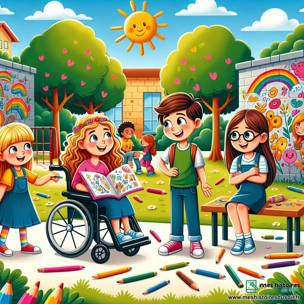 Illustration destinée aux enfants représentant une scène vibrante dans la cour d'une école ensoleillée, entourée d'arbres aux feuilles vertes éclatantes et de jeux colorés. Au centre, un groupe d'enfants de 11 ans, dont un garçon aux cheveux bruns et bouclés, assis dans un fauteuil roulant, souriant joyeusement tout en tenant un carnet de croquis rempli de dessins colorés. À ses côtés, une fille aux cheveux blonds en bataille, pleine d'énergie, montre un dessin à un autre garçon aux lunettes un peu trop grandes, qui regarde avec admiration. Ensemble, ils discutent de leurs créations artistiques, entourés de fresques murales colorées qu'ils ont réalisées, symbolisant l'amitié et la créativité, avec des crayons de couleur éparpillés autour d'eux, évoquant un moment de partage et d'inspiration.
