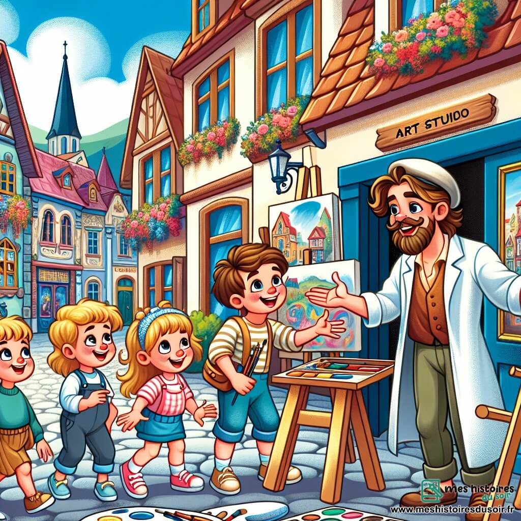 Une illustration destinée aux enfants représentant un artiste homme passionné d'art, accueillant des enfants curieux et joyeux dans un atelier coloré, situé au cœur d'une petite ville pittoresque aux rues pavées et aux maisons aux façades fleuries.