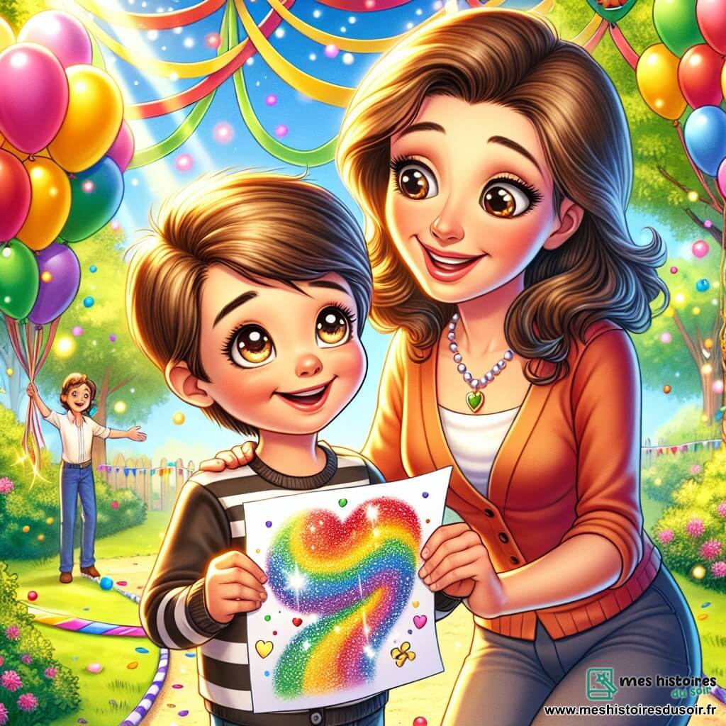 Une illustration sous forme de dessin destinée aux enfants représentant un parc ensoleillé décoré de ballons colorés et de guirlandes, avec un garçon de 5 ans aux cheveux bruns et aux yeux pétillants, souriant joyeusement alors qu'il tient un dessin coloré dans ses petites mains, tandis qu'à ses côtés, sa maman, une femme aux cheveux bruns et aux yeux doux, l'encourage avec un sourire chaleureux, le tout capturant l'instant magique de la fête des pères où ils préparent une surprise pour le papa.