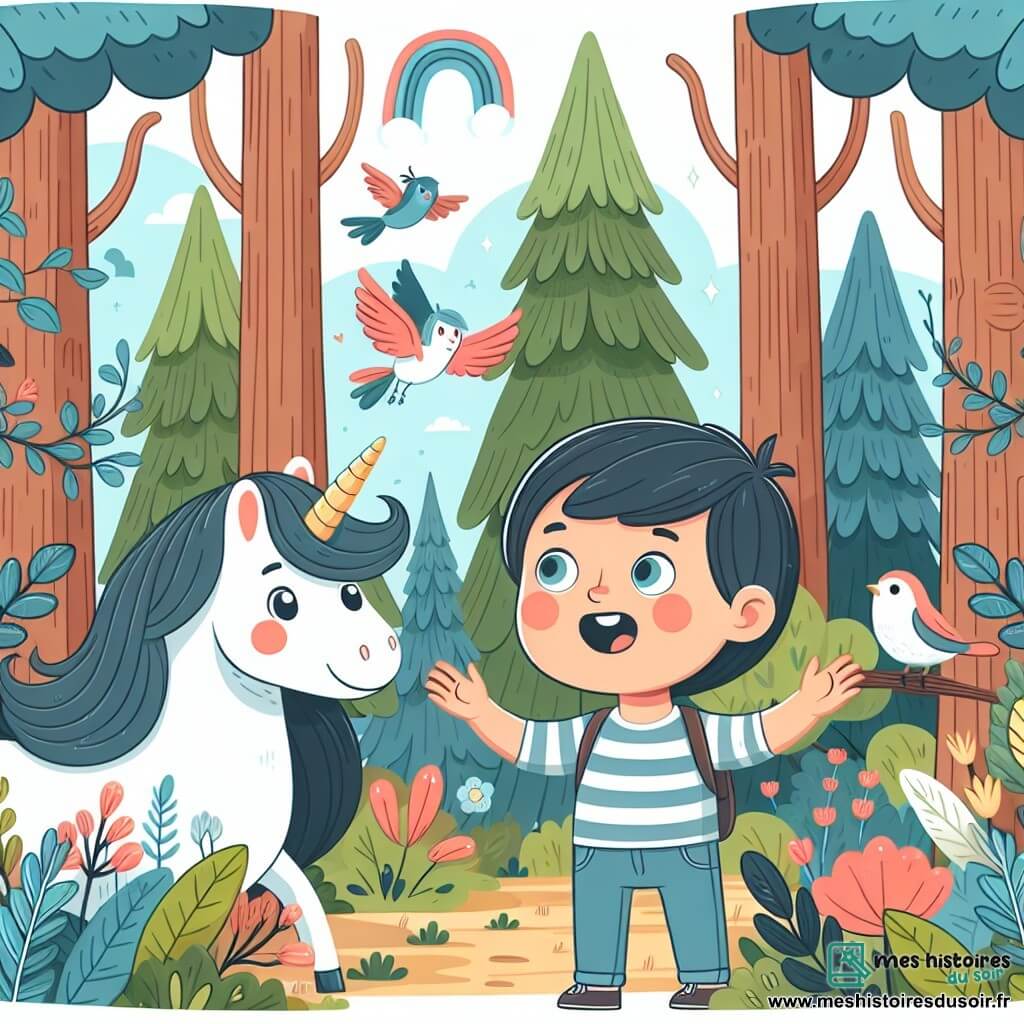Une illustration destinée aux enfants représentant un garçon émerveillé par la découverte d'une licorne dans une forêt enchantée aux arbres majestueux et aux oiseaux joyeux.
