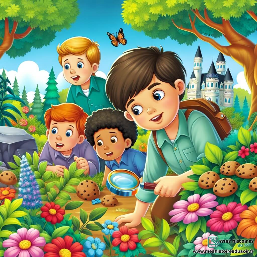 Une illustration destinée aux enfants représentant un jeune garçon curieux, accompagné de ses amis, enquêtant sur la disparition des cookies dans un parc enchanté rempli de fleurs colorées et d'arbres majestueux.