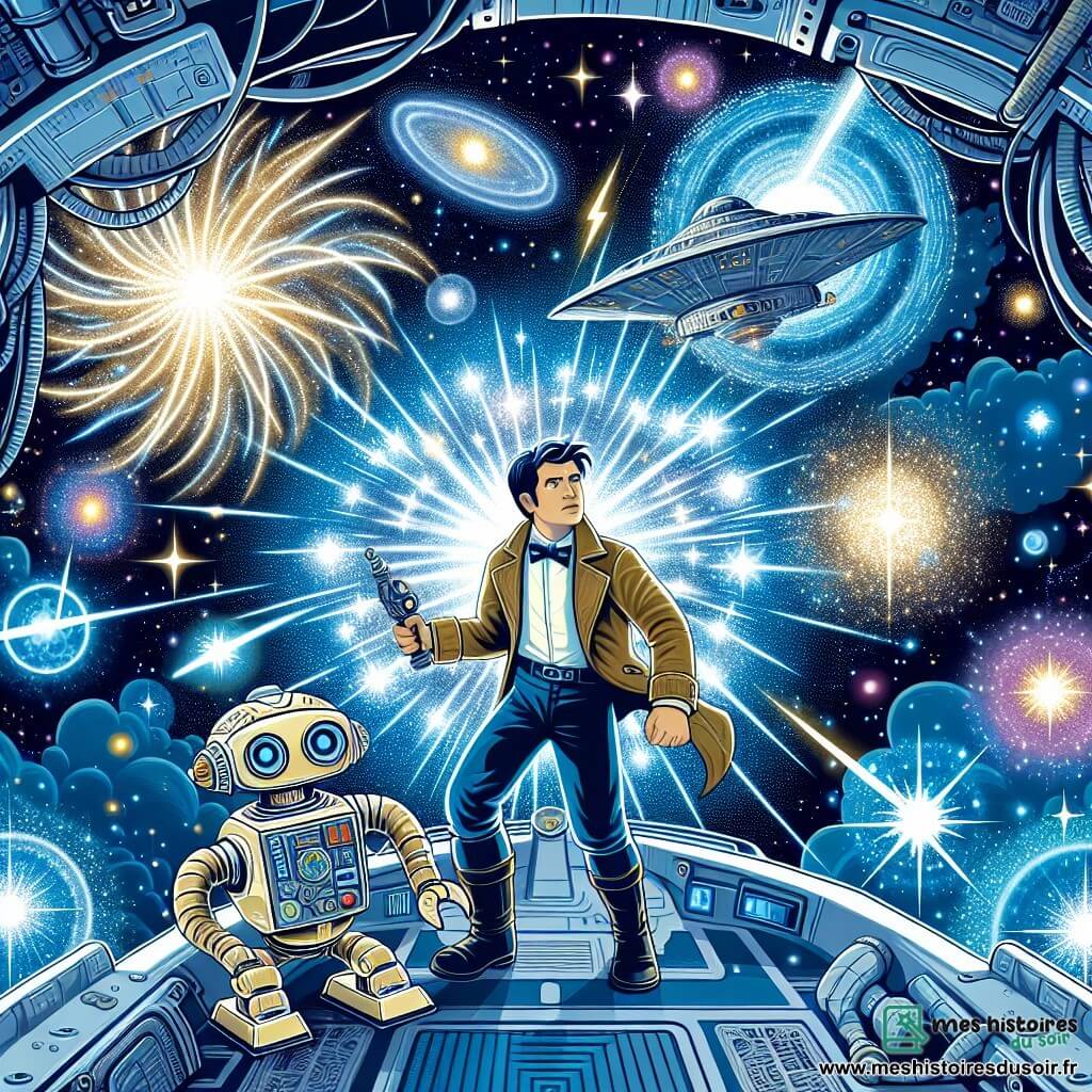 Une illustration destinée aux enfants représentant un homme courageux et audacieux, affrontant une mystérieuse tempête d'énergie cosmique dans l'espace profond, accompagné de son fidèle compagnon robotique, sur un vaisseau spatial futuriste entouré d'étoiles scintillantes et de nébuleuses chatoyantes.