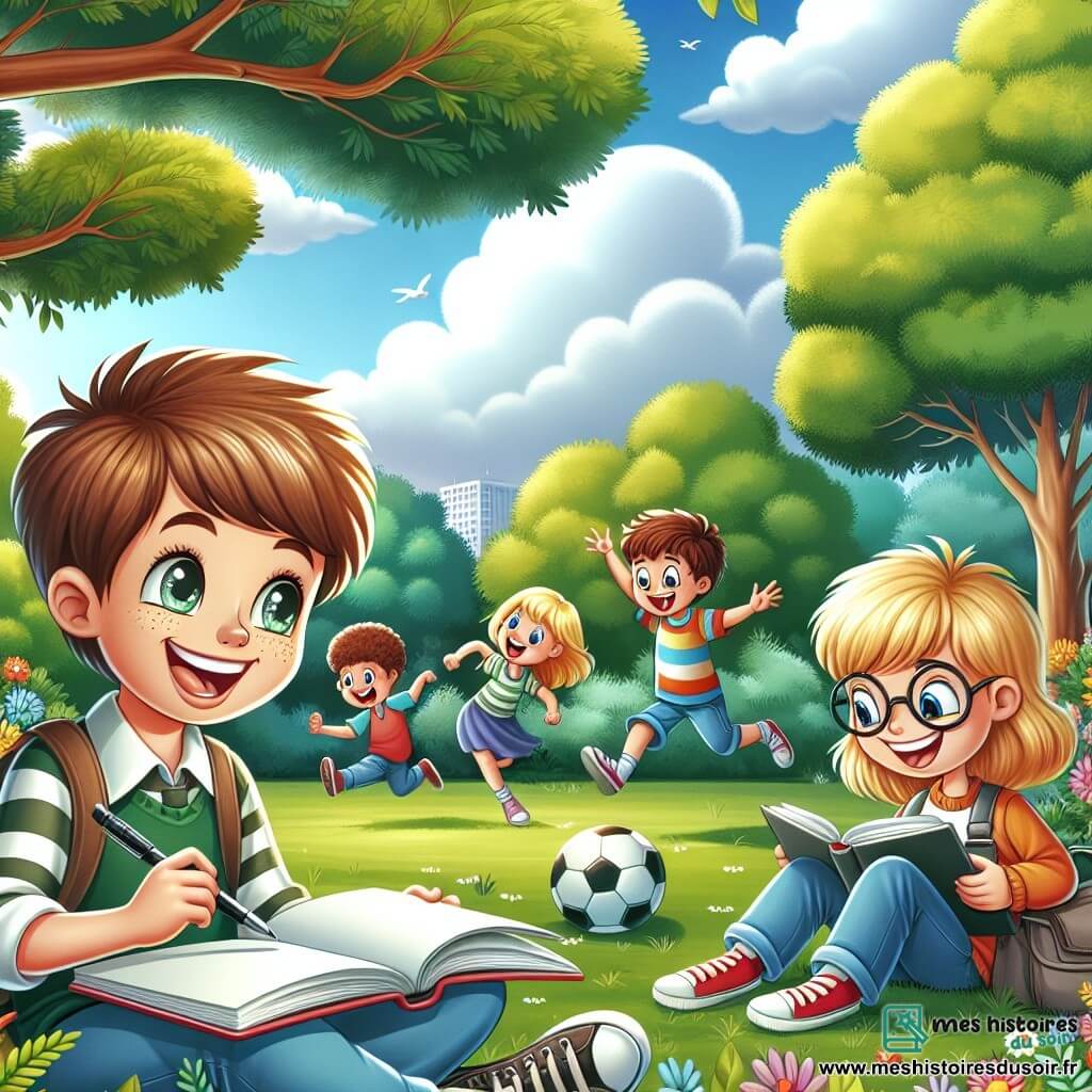 Une illustration sous forme de dessin destinée aux enfants représentant un parc verdoyant avec des arbres colorés et des fleurs éclatantes, où un garçon de 12 ans aux cheveux châtains et aux yeux pétillants, assis sur l'herbe, dessine avec enthousiasme dans un carnet, entouré de ses amis : une fille aux cheveux blonds qui rit en jouant au foot et un garçon aux lunettes qui lit un livre, illustrant la joie de se déconnecter des écrans pour profiter de la nature et des interactions réelles.