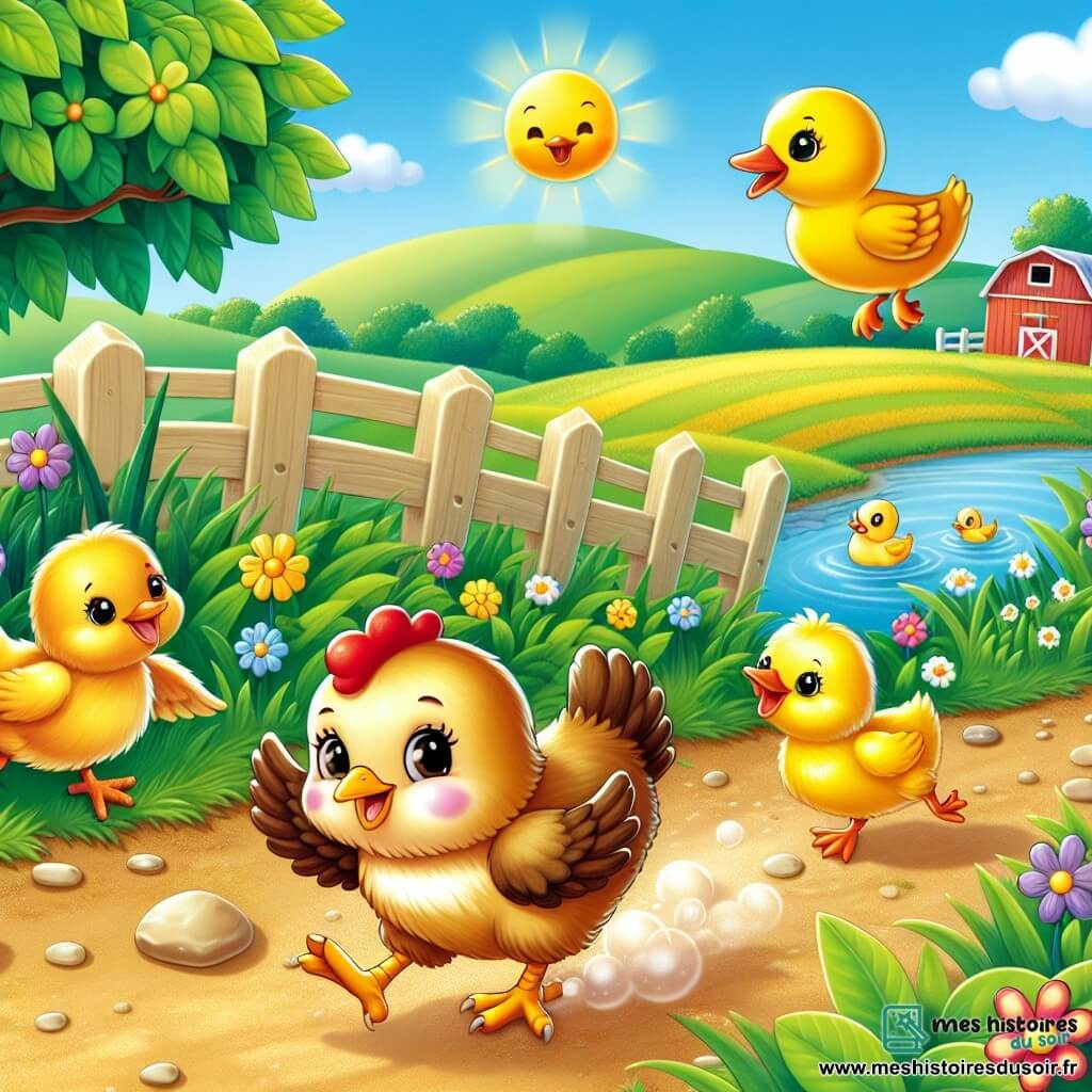 Une illustration sous forme de dessin destinée aux enfants représentant une ferme ensoleillée avec des champs verdoyants et des fleurs colorées, où une petite poule aux plumes dorées et brillantes, curieuse et joyeuse, explore le chemin poussiéreux, accompagnée d'une famille de canards aux plumes jaunes qui nagent joyeusement dans une mare, tandis qu'un rossignol aux plumes multicolores chante sur une branche, créant une atmosphère d'aventure et de camaraderie au cœur de la nature.