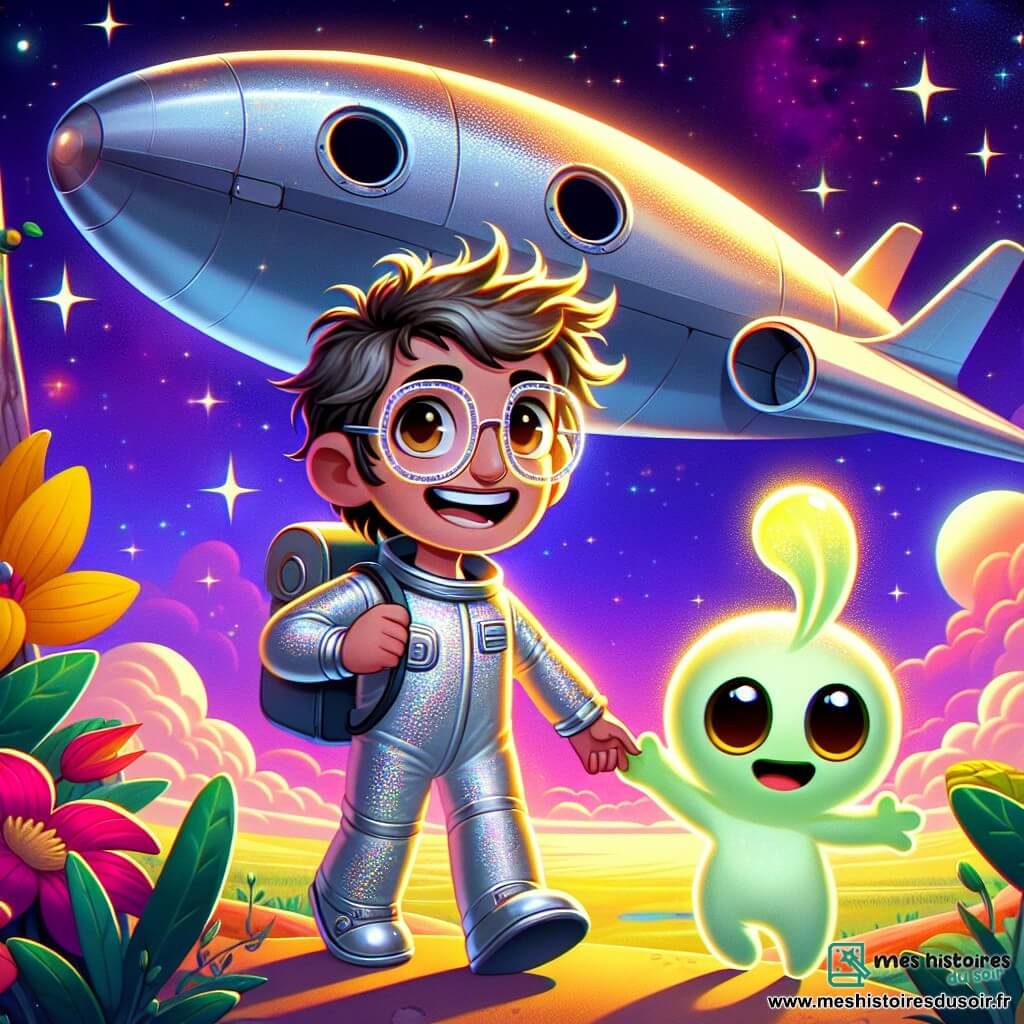 Une illustration sous forme de dessin destinée aux enfants représentant un vaisseau spatial argenté brillant, l’Étoile Filante, atterrissant sur la planète Luminara, avec un homme aux cheveux ébouriffés et lunettes rondes, vêtu d'une combinaison spatiale étincelante, qui sourit émerveillé en sortant de son vaisseau, tandis qu'à ses côtés se tient Gloubi, une créature verte et luisante aux yeux ronds et curieux, qui l'accueille avec un grand sourire, le tout sous un ciel étoilé, entouré de fleurs géantes colorées et de paysages enchanteurs, illustrant le début d'une aventure intergalactique pleine de découvertes et d'amitié.