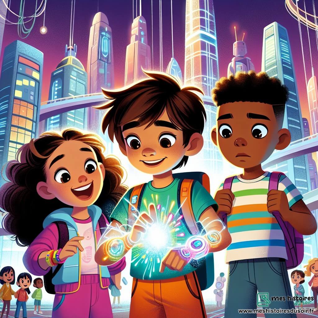 Une illustration sous forme de dessin destinée aux enfants représentant une ville futuriste aux gratte-ciels scintillants et aux jardins suspendus, où une fille de 11 ans aux cheveux bouclés et bruns, portant une combinaison colorée et un bracelet intelligent, se tient avec un sourire émerveillé, entourée de son ami, un garçon au sourire contagieux et aux cheveux blonds, et d'un jeune garçon aux cheveux noirs, l'air inquiet, alors qu'ils découvrent ensemble un dispositif holographique brillant qui matérialise leurs idées créatives dans un éclat de couleurs vives, symbolisant leur quête pour utiliser la technologie de manière responsable.