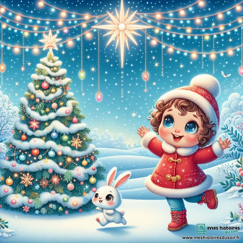 Illustration d'un jardin enchanté sous une épaisse couche de neige scintillante, avec des flocons tombant d'un ciel bleu clair. Au centre, une petite fille d'un an, aux grands yeux pétillants et cheveux bouclés, porte un manteau rouge vif et un bonnet en laine. Elle saute de joie, les bras levés, souriante. À ses côtés, un petit lapin blanc aux grandes oreilles et aux yeux malicieux gratte le sol, curieux et joyeux. En arrière-plan, un sapin de Noël décoré de guirlandes et d'étoiles scintillantes, avec une étoile brillante flottant au-dessus, ajoutant une touche de magie. L'atmosphère est festive et joyeuse, évoquant l'esprit de Noël avec des couleurs vives et des détails enchanteurs.
