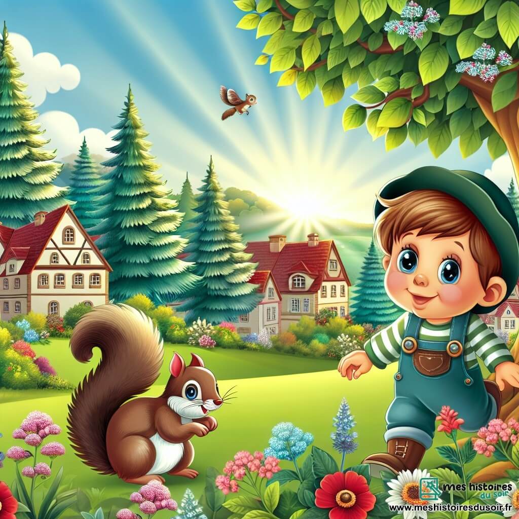 Une illustration destinée aux enfants représentant un petit garçon curieux se promenant dans un parc verdoyant, accompagné d'un écureuil joueur, au milieu d'arbres majestueux aux feuilles chatoyantes et de fleurs multicolores épanouies, dans un village paisible baigné par la lumière douce du soleil.