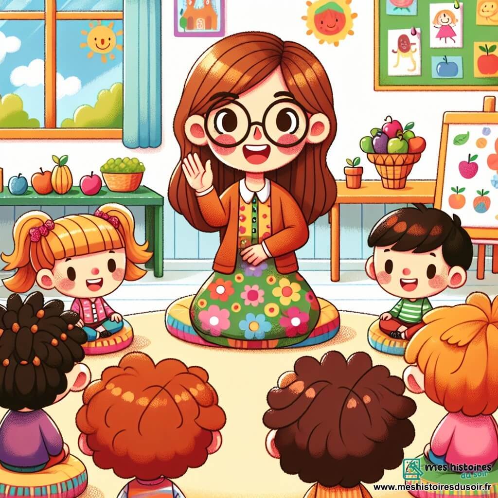 Une illustration sous forme de dessin destinée aux enfants représentant une salle de classe lumineuse avec des murs décorés de dessins d'enfants, où une institutrice souriante aux cheveux châtains et aux lunettes rondes, vêtue d'une robe colorée, encourage des élèves assis en cercle sur des coussins, dont un garçon aux cheveux bouclés levant la main avec enthousiasme et une fille aux nattes roses souriant joyeusement, tandis qu'une grande corbeille de fruits frais trône sur une table à côté, symbolisant l'esprit de camaraderie et d'apprentissage partagé lors d'une journée sportive.