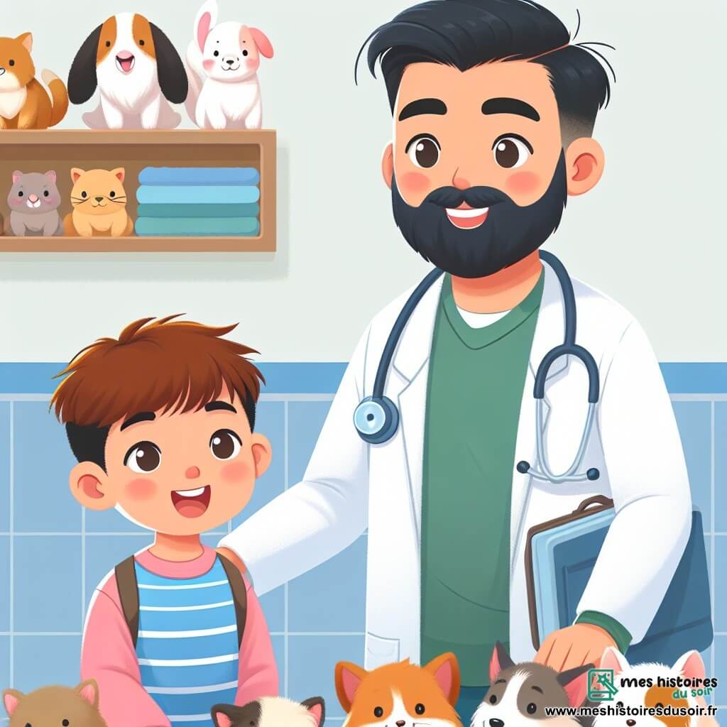 Une illustration destinée aux enfants représentant un jeune garçon passionné par les animaux, aidant un vétérinaire barbu et bienveillant dans sa clinique colorée et chaleureuse, pleine d'animaux heureux et en bonne santé.