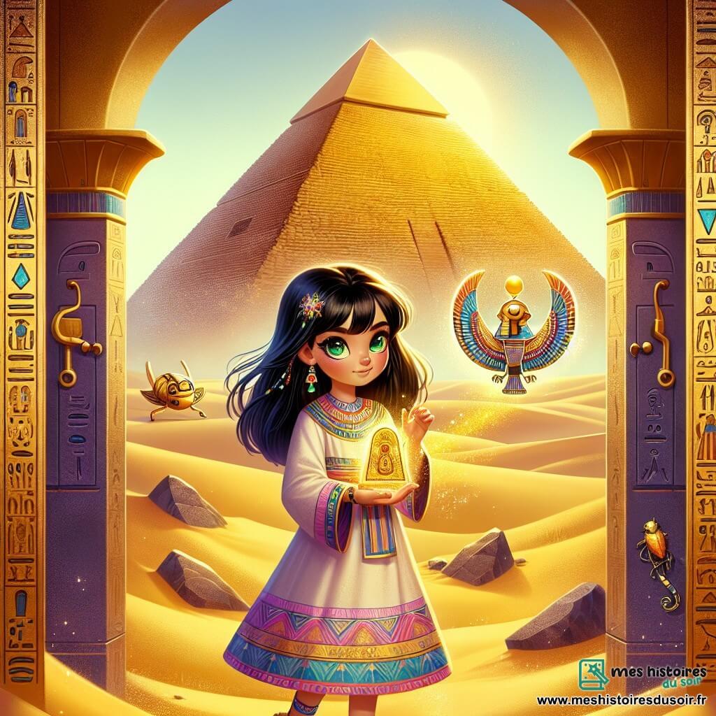 Une illustration sous forme de dessin destinée aux enfants représentant une pyramide majestueuse, entourée de dunes dorées et baignée par la lumière dorée du soleil, où une jeune fille aux cheveux noir ébène et aux yeux verts pétillants, vêtue d'une tunique colorée, se tient courageusement devant une grande porte ornée de symboles anciens, tenant dans ses mains un artefact scintillant, tandis qu'un scarabée doré, flottant à ses côtés, l'observe avec des yeux brillants de sagesse, illustrant le moment où elle se prépare à affronter le gardien maléfique pour récupérer le Coeur de Ra et restaurer l'équilibre du monde.