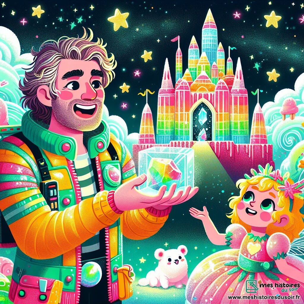 Illustration d'un château en gelée coloré, avec des murs translucides rose et vert, scintillant sous un ciel étoilé. Des nuages de crème fouettée flottent autour, tandis que des étoiles brillent comme des diamants. Au premier plan, un homme aux cheveux en bataille et au sourire éclatant, vêtu d'une combinaison spatiale colorée, tient une pierre brillante avec un regard déterminé. À ses côtés, une petite fée aux ailes scintillantes, en robe étincelante, l'observe avec des yeux pétillants d'excitation. En arrière-plan, un dragon en guimauve rose, amusé, se tient près de l'entrée du château, prêt à écouter les blagues du héros. L'atmosphère est joyeuse et magique, remplie de couleurs vives et de détails fantaisistes, capturant l'esprit d'une aventure intergalactique pleine de rires et de magie.