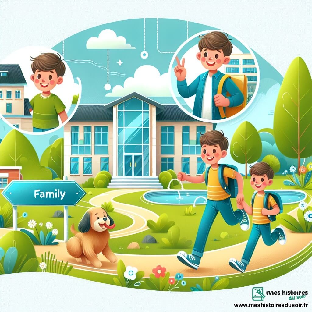 Une illustration destinée aux enfants représentant un jeune garçon joyeux, naviguant entre des disputes familiales, accompagné de son fidèle ami, dans une école moderne et lumineuse entourée de verdure.