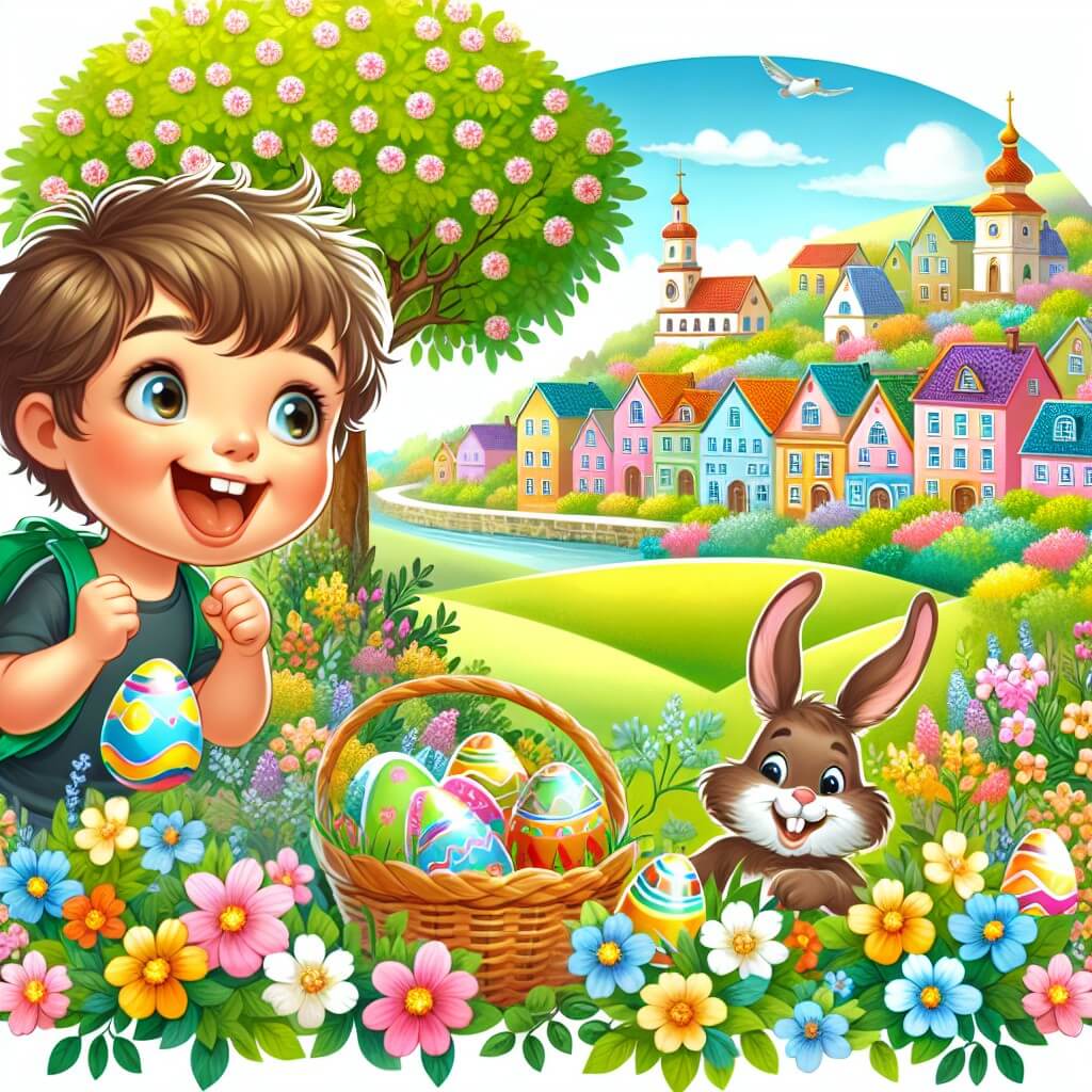 Une illustration destinée aux enfants représentant un jeune garçon plein d'excitation, à la recherche d'œufs de Pâques dans un jardin fleuri, accompagné d'un adorable lapin en chocolat, dans un village pittoresque avec des maisons colorées et des arbres en fleurs.
