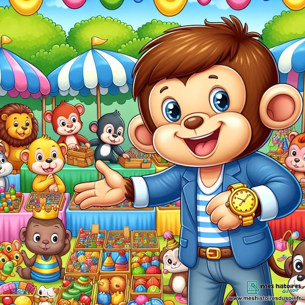 Une illustration destinée aux enfants représentant un joyeux jeune singe garçon avec une montre dorée, échangeant des objets colorés avec ses amis dans un marché animé rempli de stands colorés et d'animaux souriants.