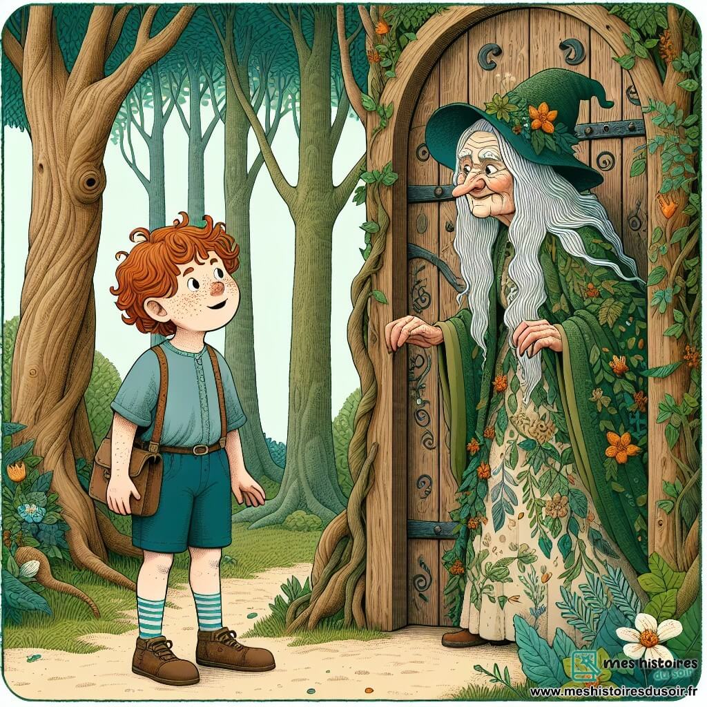 Une illustration sous forme de dessin destinée aux enfants représentant une forêt enchantée, avec de grands arbres aux troncs noueux et des feuilles d'un vert éclatant, où un garçon de 9 ans aux cheveux châtains et aux taches de rousseur, vêtu d'un t-shirt bleu et d'un short, se tient devant une porte en bois ornée de motifs délicats, tandis qu'une vieille sorcière aux cheveux gris enchevêtrés, habillée d'une robe faite de feuilles et de fleurs, l'observe avec un sourire mystérieux, alors qu'ils se préparent à découvrir les secrets de la forêt et à affronter les dangers qui les guettent.