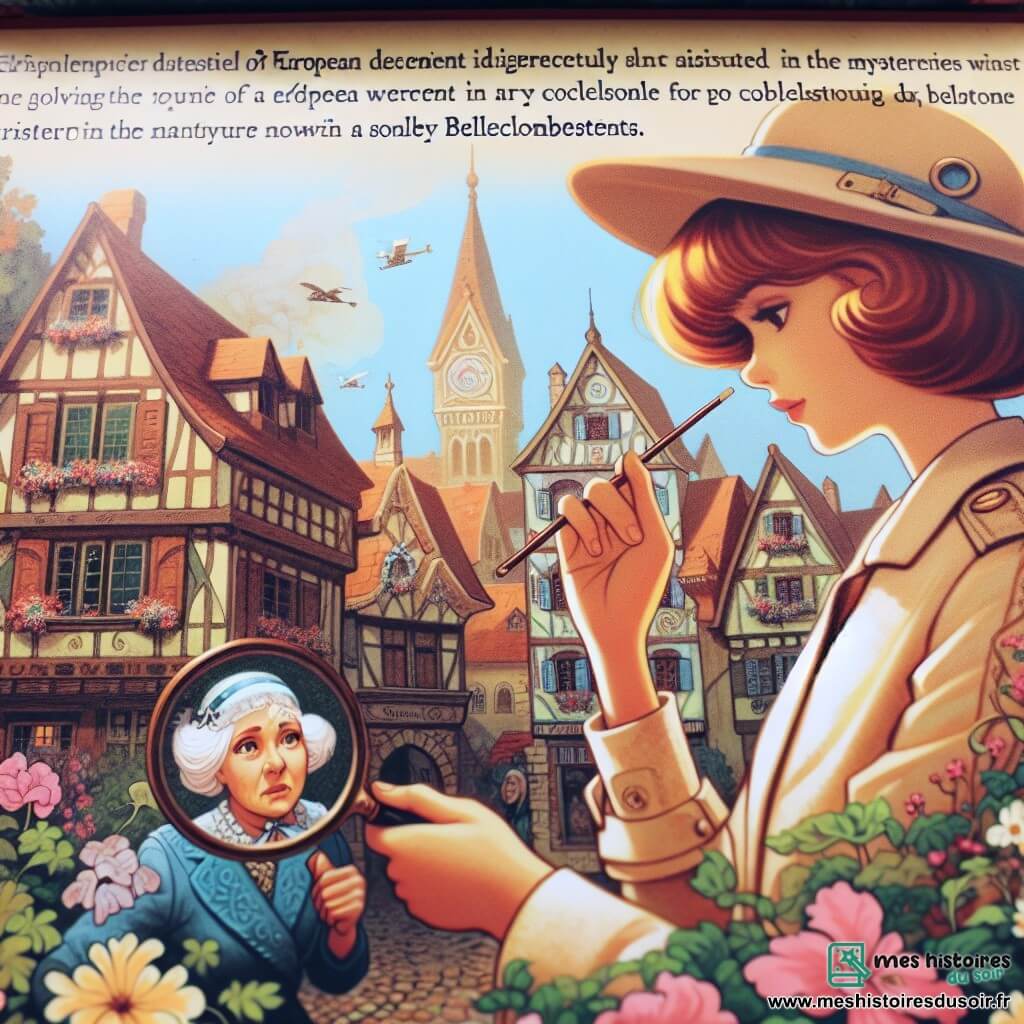 Une illustration destinée aux enfants représentant une détective femme, résolvant le mystère de la disparition d'une vieille dame avec l'aide d'un artiste, dans la petite ville de Bellecombe aux maisons colorées et aux rues pavées bordées de fleurs.
