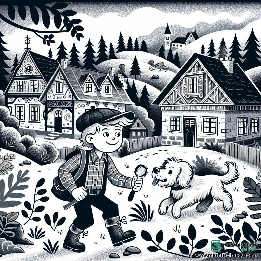 Une illustration destinée aux enfants représentant un jeune garçon curieux et intrépide résolvant le mystère d'une disparition avec l'aide de son fidèle chien, dans une petite ville pittoresque entourée de bois sombres et mystérieux.