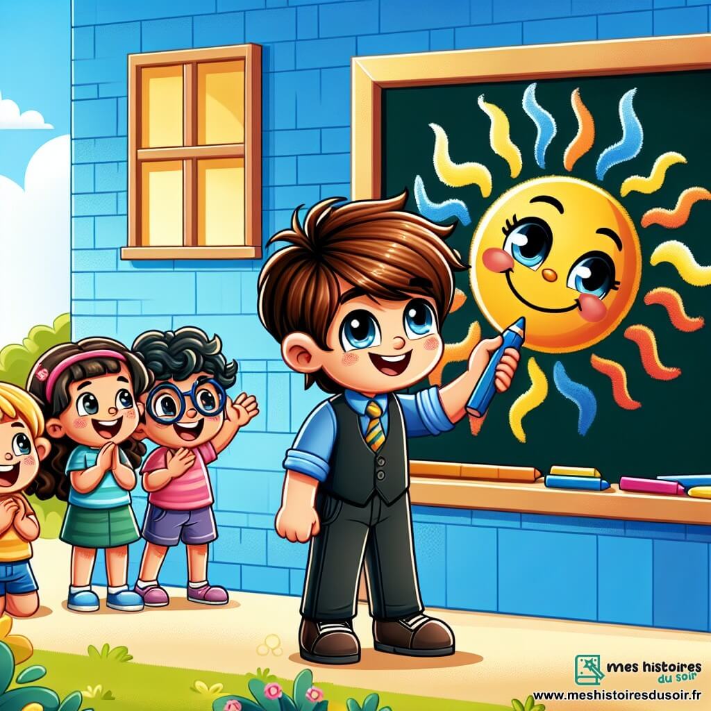 Une illustration sous forme de dessin destinée aux enfants représentant une cour d'école colorée avec des murs peints en bleu et jaune, où un garçon de 7 ans aux cheveux châtains et aux yeux pétillants, debout devant un tableau, dessine un grand soleil souriant avec des couleurs vives, tandis qu'un groupe d'enfants, dont une fille aux cheveux bouclés et un garçon aux lunettes, l'encourage avec des sourires et des applaudissements, capturant l'instant où il surmonte sa timidité pour partager son talent et gagner confiance en lui.