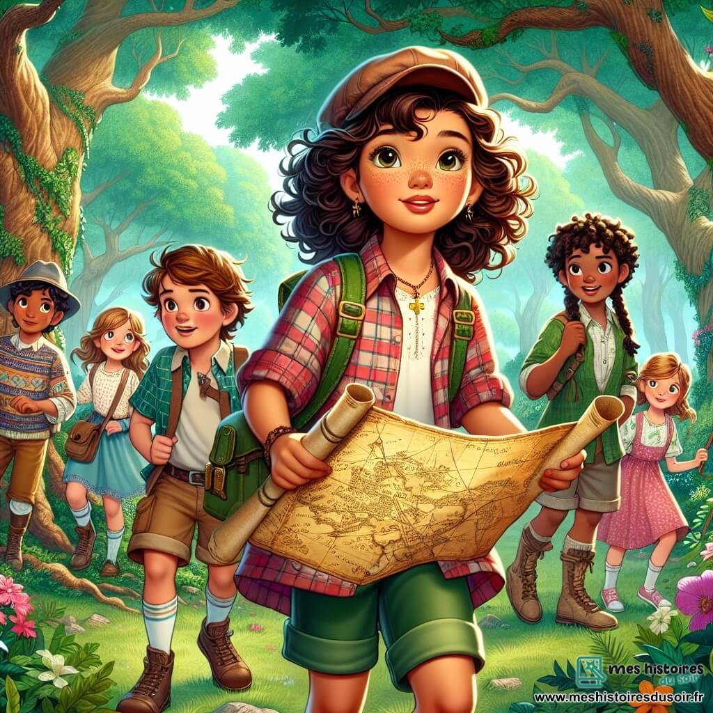 Une illustration sous forme de dessin destinée aux enfants représentant un parc enchanté, rempli de grands arbres aux feuilles verdoyantes et de fleurs colorées, où une fille de 12 ans aux cheveux bouclés et aux yeux pétillants, vêtue d'une chemise à carreaux et d'un short, tient une vieille carte au trésor avec un air déterminé, tandis que ses trois amis, un garçon courageux aux cheveux bruns et une casquette, une fille aux lunettes et aux cheveux tressés, ainsi qu'un garçon rêveur avec un t-shirt à motifs, l'observent avec excitation, tous réunis autour d'un grand chêne, prêts à partir à l'aventure à la recherche d'un trésor mystérieux.