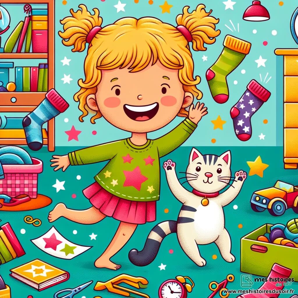 Une illustration destinée aux enfants représentant une fillette espiègle confrontée au défi impossible de retrouver ses chaussettes disparues, aidée par un chat farceur, dans une chambre colorée et joyeuse parsemée de jouets et de livres.