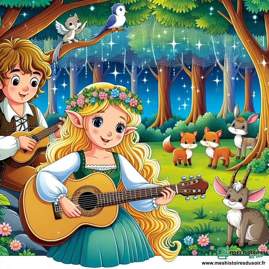 Une illustration destinée aux enfants représentant une jeune femme aux cheveux dorés, jouant de la guitare dans une clairière enchantée, accompagnée d'un musicien au visage bienveillant, entourée d'arbres majestueux aux feuilles chatoyantes et d'animaux curieux écoutant sa mélodie envoûtante.