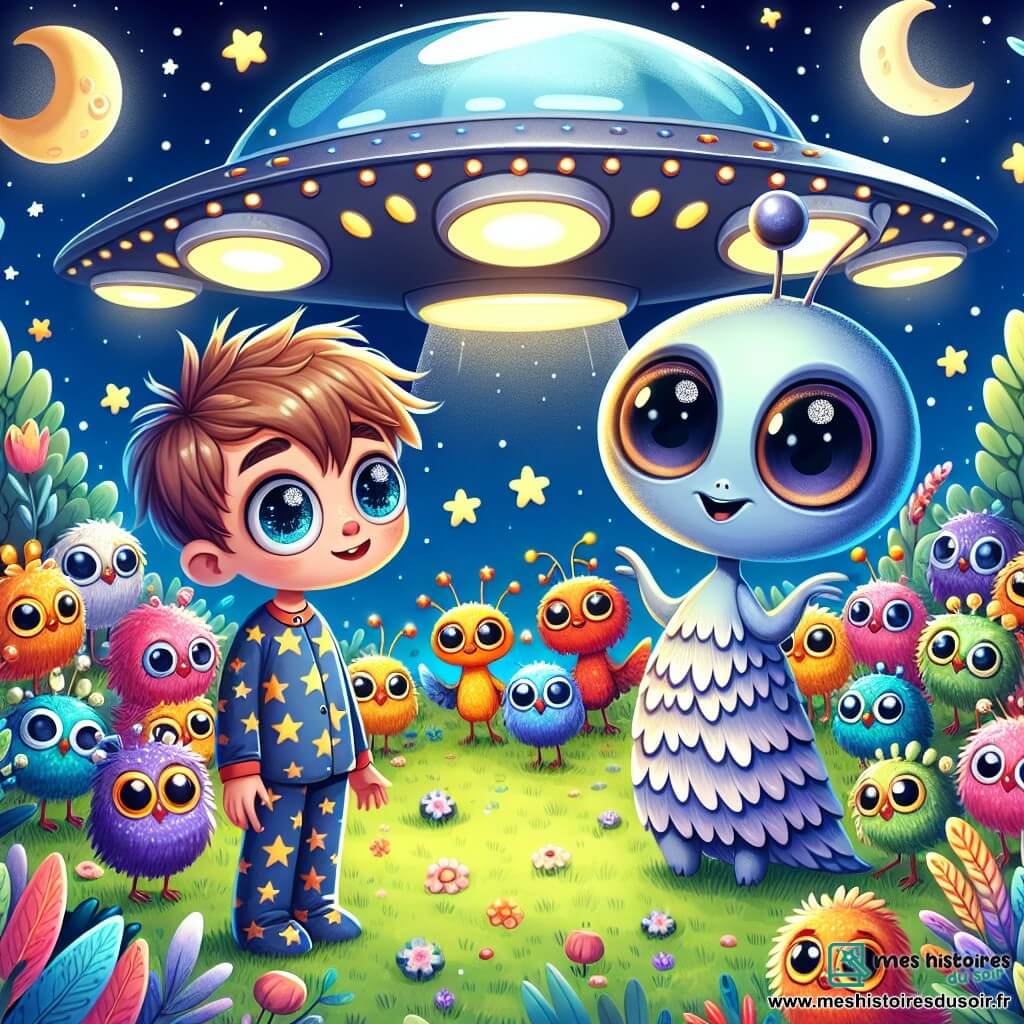 Une illustration sous forme de dessin destinée aux enfants représentant un jardin illuminé par la lune, où un garçon de 9 ans aux cheveux bruns en bataille et aux yeux pétillants, vêtu d'un pyjama étoilé, se tient émerveillé devant une soucoupe volante scintillante, tandis qu'une extraterrestre à la peau bleu clair et aux grands yeux ronds, avec des antennes ondulantes, lui sourit amicalement, et un groupe de créatures colorées aux formes variées, aux plumes vives et aux yeux expressifs, les entourent, célébrant leur rencontre magique et l'aventure qui les attend.