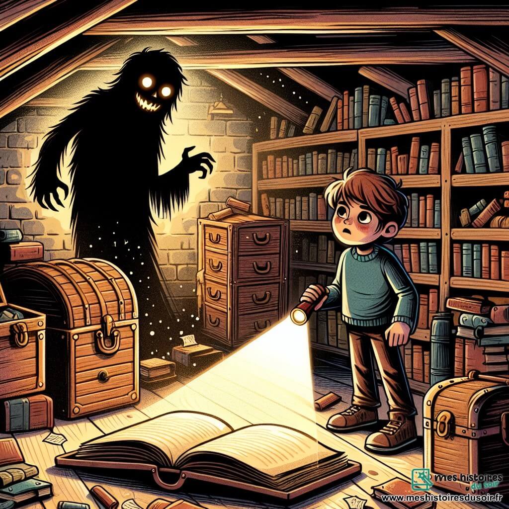 Une illustration sous forme de dessin destinée aux enfants représentant un grenier ancien rempli de trésors poussiéreux, avec des malles en bois et des livres aux couvertures usées, où un garçon de 12 ans aux cheveux châtains en bataille et aux yeux pétillants de curiosité, tenant une lampe torche, fait face à une silhouette sombre aux yeux brillants, l'Ombre des Peurs, qui se tient près d'un grand livre ouvert sur une table, tandis que des ombres dansent autour d'eux, créant une atmosphère mystérieuse et légèrement inquiétante.