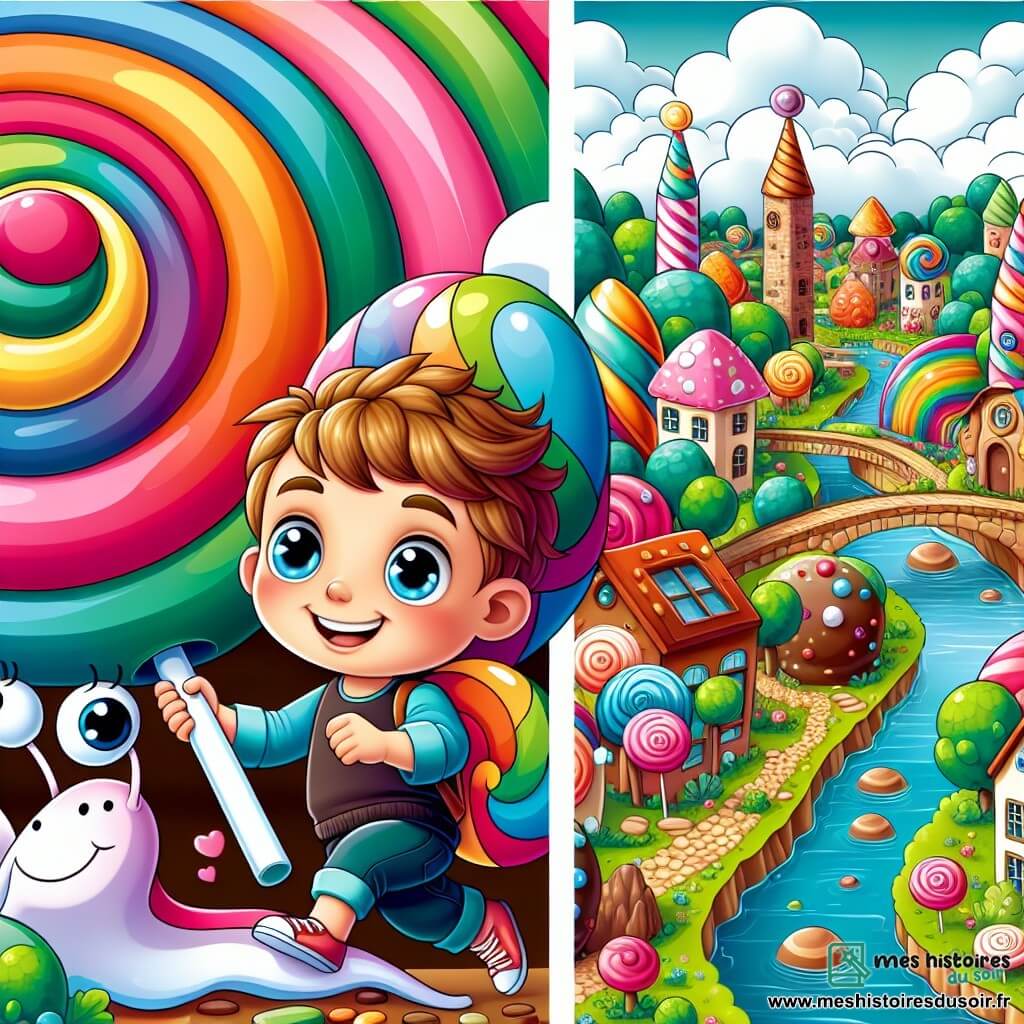 Une illustration destinée aux enfants représentant un garçon énergique et curieux se retrouvant dans un monde de bonbons géants en compagnie d'un escargot magique aux couleurs arc-en-ciel, dans le village coloré de Farfouville où les rivières sont en chocolat et les arbres en guimauve.